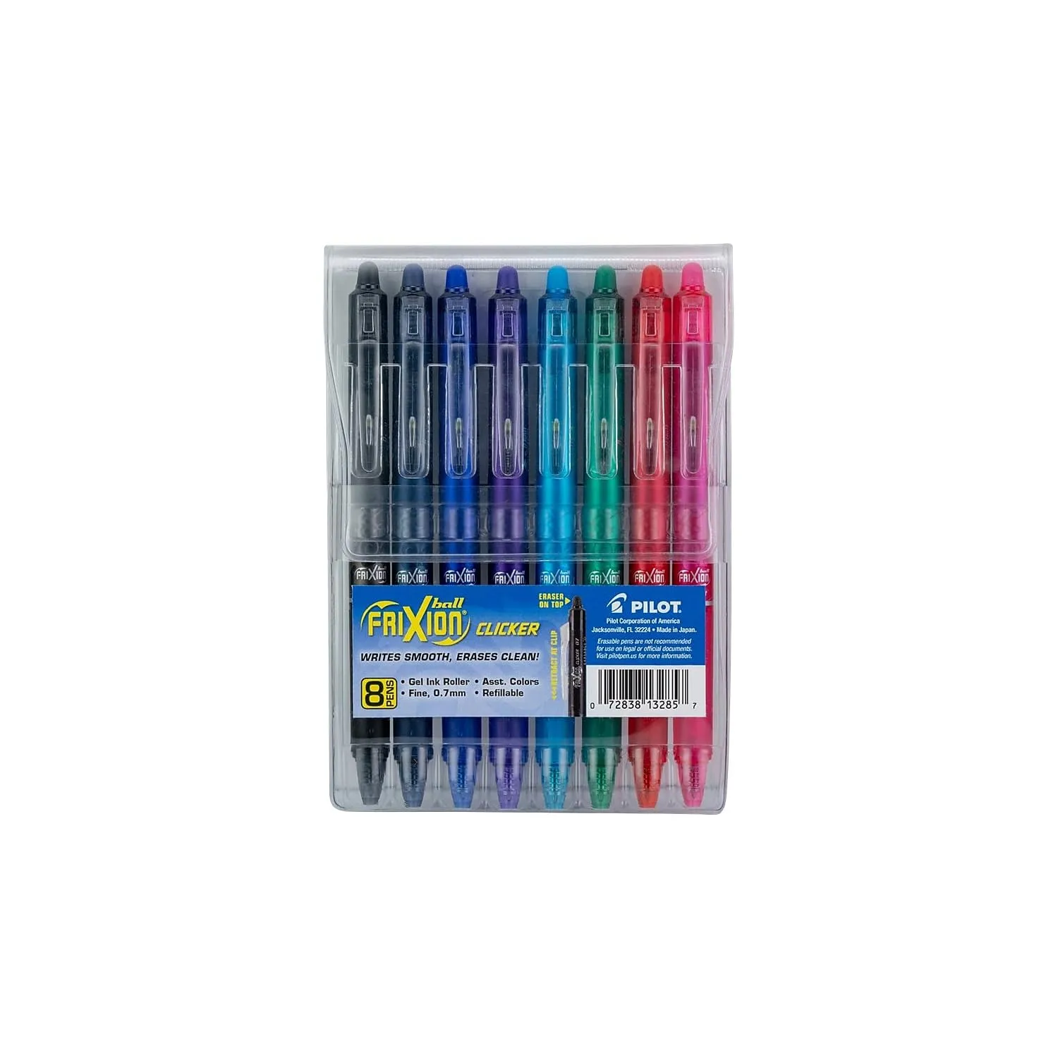Pilot FriXion Ball Clicker Erasable Retractable Gel Pens, Pack of 8, Fine Point, 0.7 mm, Assorted Colors