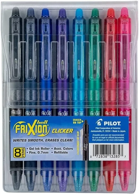 Pilot FriXion Ball Clicker Erasable Retractable Gel Pens, Pack of 8, Fine Point, 0.7 mm, Assorted Colors