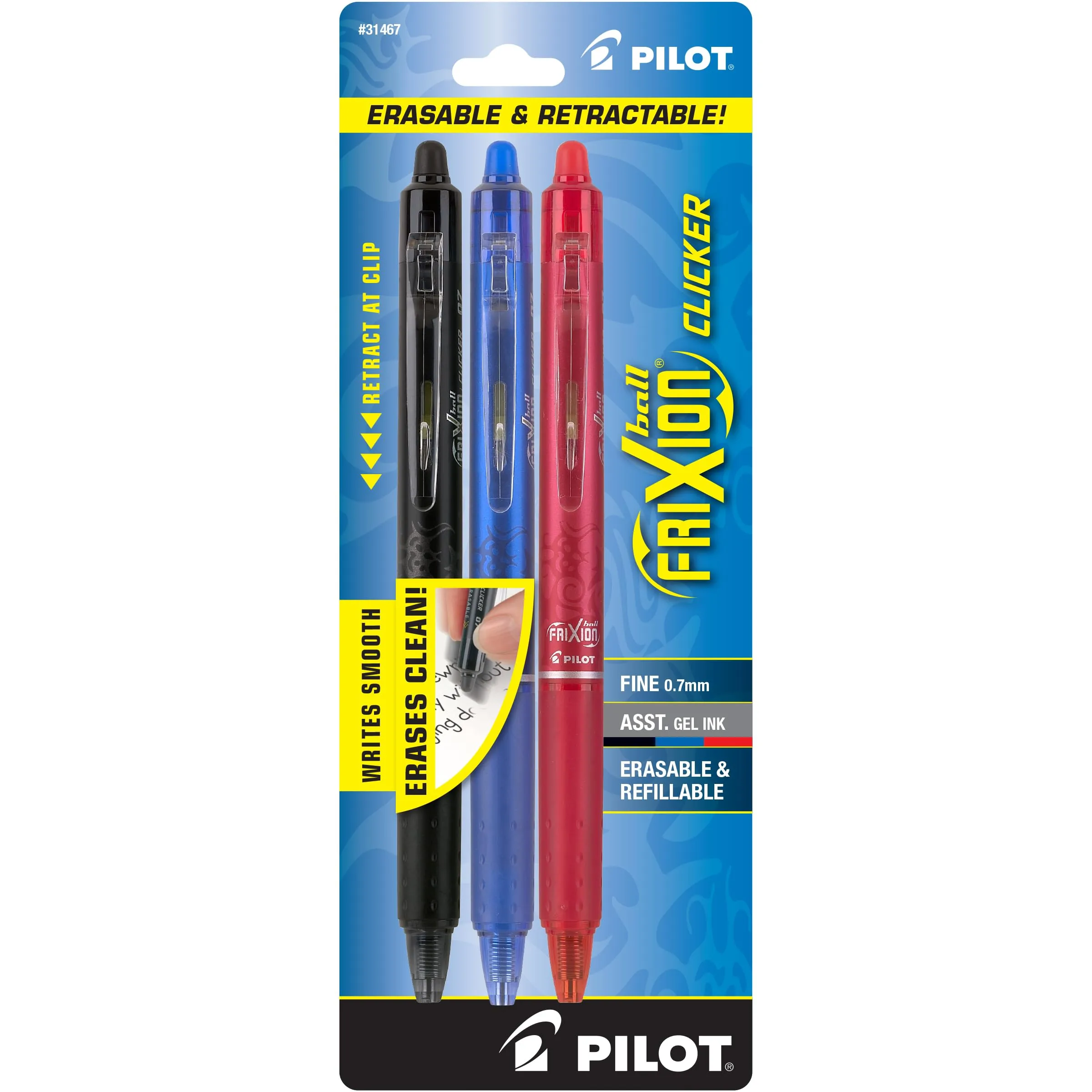PILOT FriXion Clicker Erasable, Refillable & Retractable Gel Ink Pens, Fine Point, Black/Blue/Red Inks, 3-Pack (31467) Gel Pens
