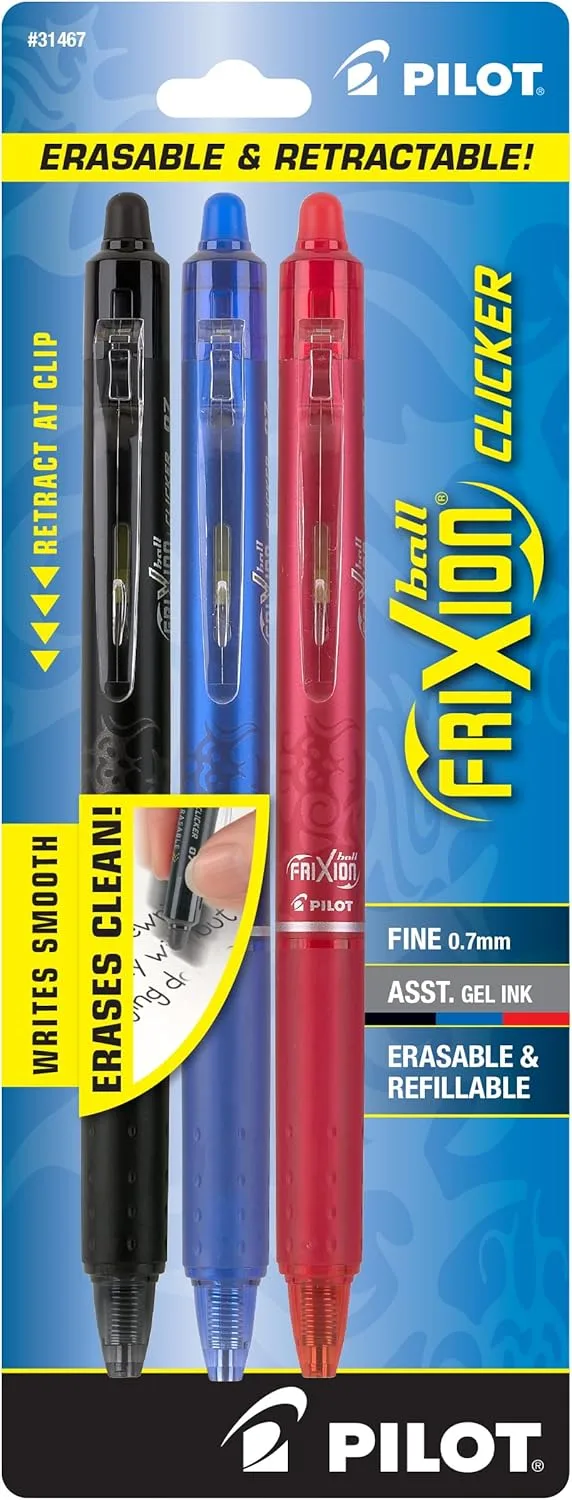 PILOT FriXion Clicker Erasable, Refillable & Retractable Gel Ink Pens, Fine Point, Black/Blue/Red Inks, 3-Pack (31467) Gel Pens