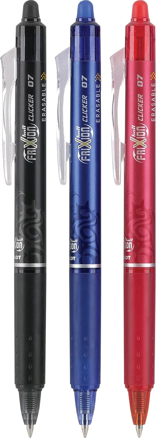 PILOT FriXion Clicker Erasable, Refillable & Retractable Gel Ink Pens, Fine Point, Black/Blue/Red Inks, 3-Pack (31467) Gel Pens