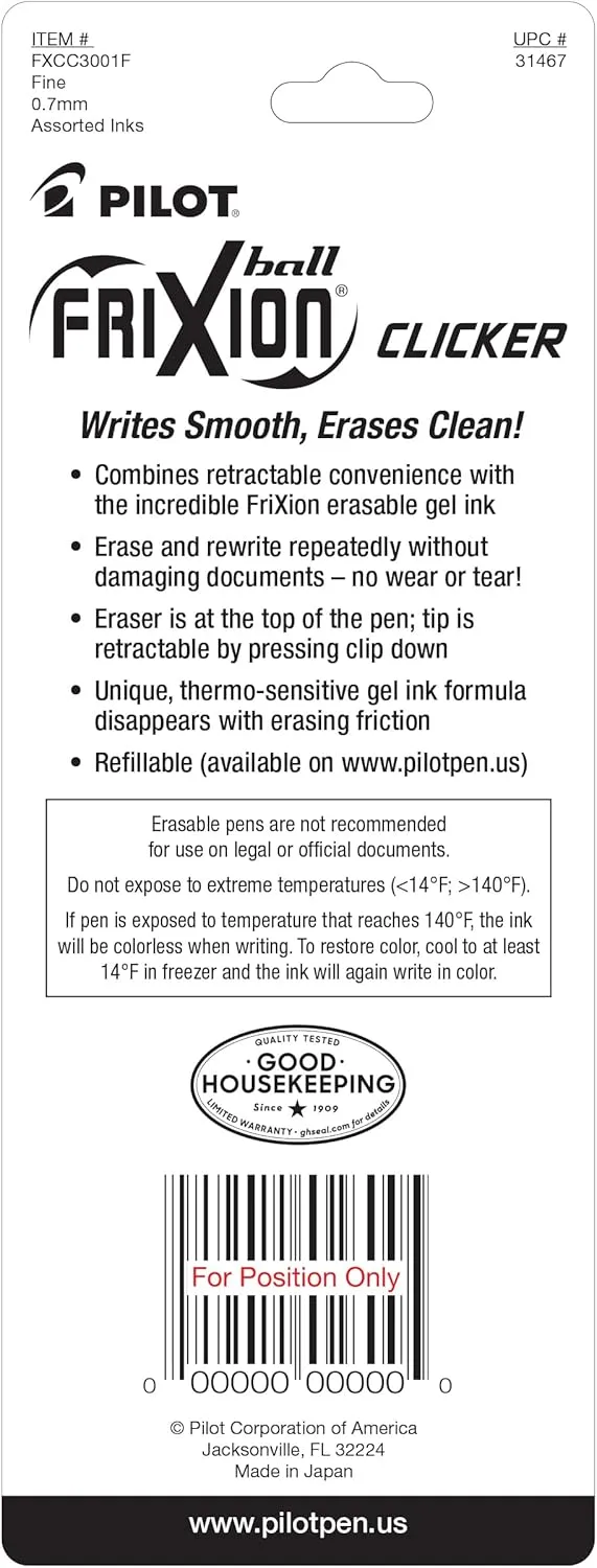 PILOT FriXion Clicker Erasable, Refillable & Retractable Gel Ink Pens, Fine Point, Black/Blue/Red Inks, 3-Pack (31467) Gel Pens