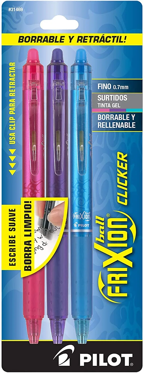 PILOT FriXion Clicker Erasable Refillable Retractable Gel Pens, 3-Pack, 0.7mm Fine