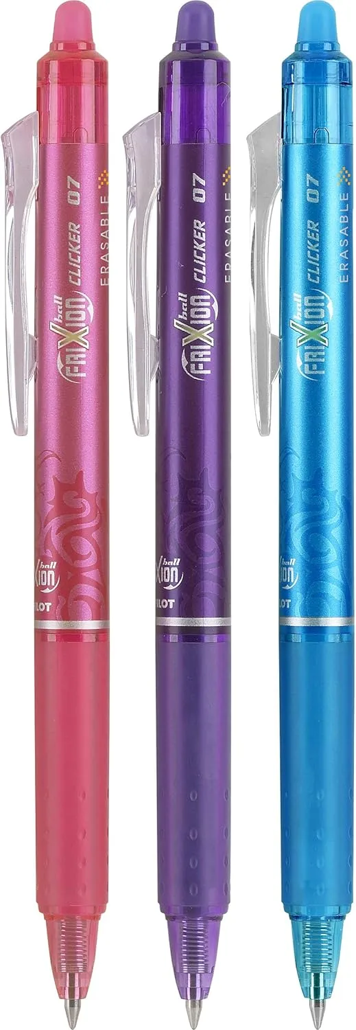 PILOT FriXion Clicker Erasable Refillable Retractable Gel Pens, 3-Pack, 0.7mm Fine