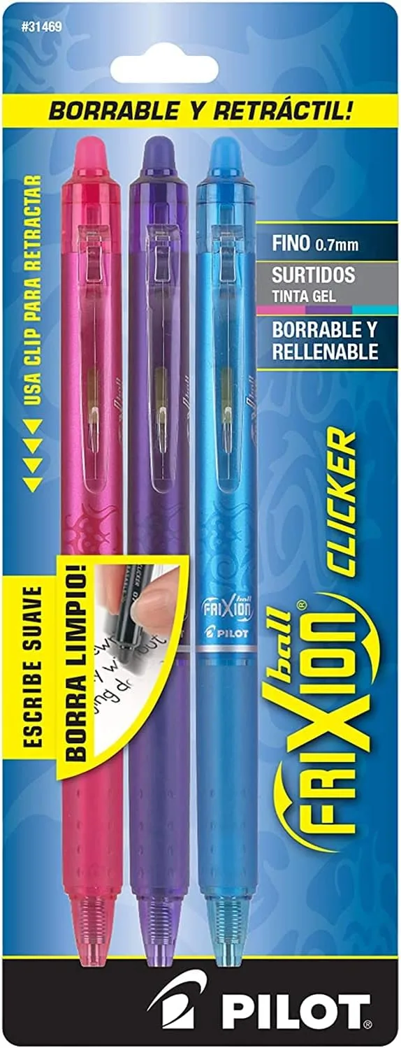 PILOT FriXion Clicker Erasable Refillable Retractable Gel Pens, 3-Pack, 0.7mm Fine