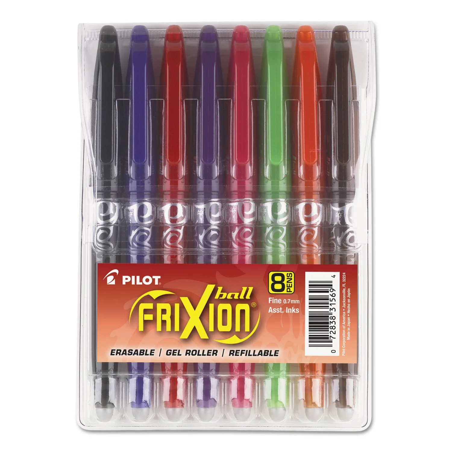 Pilot FriXion Ball Erasable & Refillable Gel Pens, 0.7 mm, Pack of 8, Assorted Colors