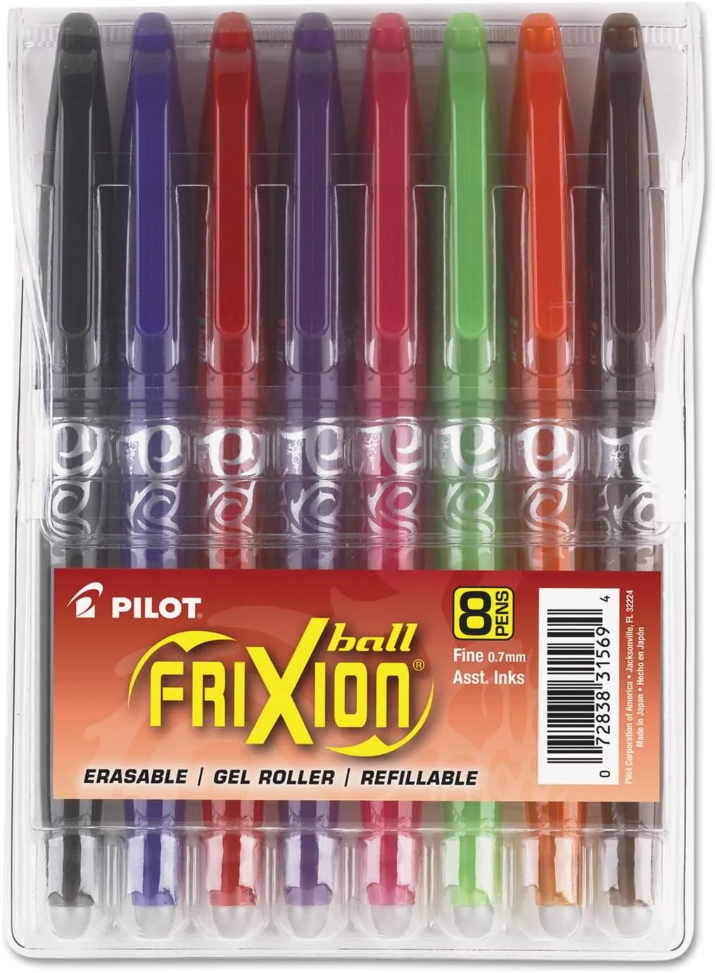 Pilot FriXion Ball Erasable & Refillable Gel Pens, 0.7 mm, Pack of 8, Assorted Colors