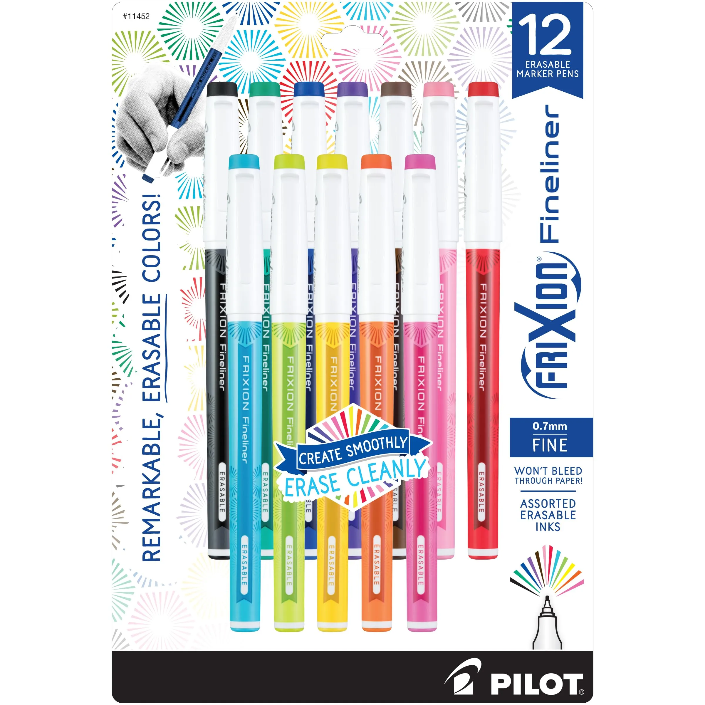 Pilot FriXion Fineliner Erasable Marker Pens, Fine Point .7 mm, Pack of 12, Assorted Colors