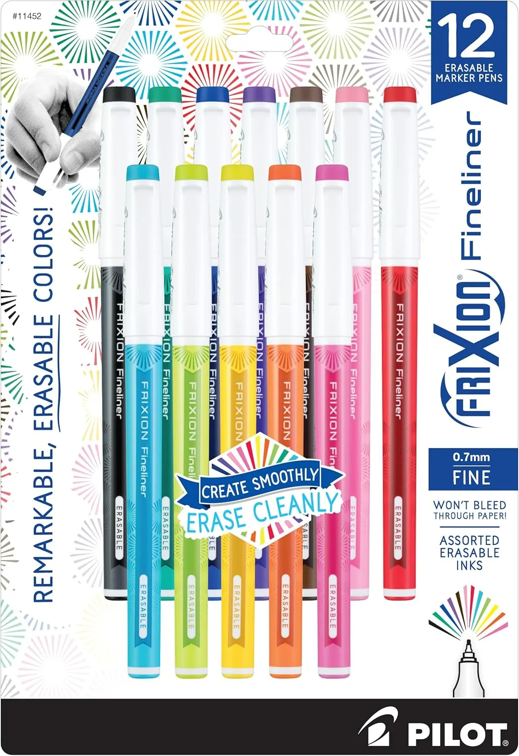 Pilot FriXion Fineliner Erasable Marker Pens, Fine Point .7 mm, Pack of 12, Assorted Colors