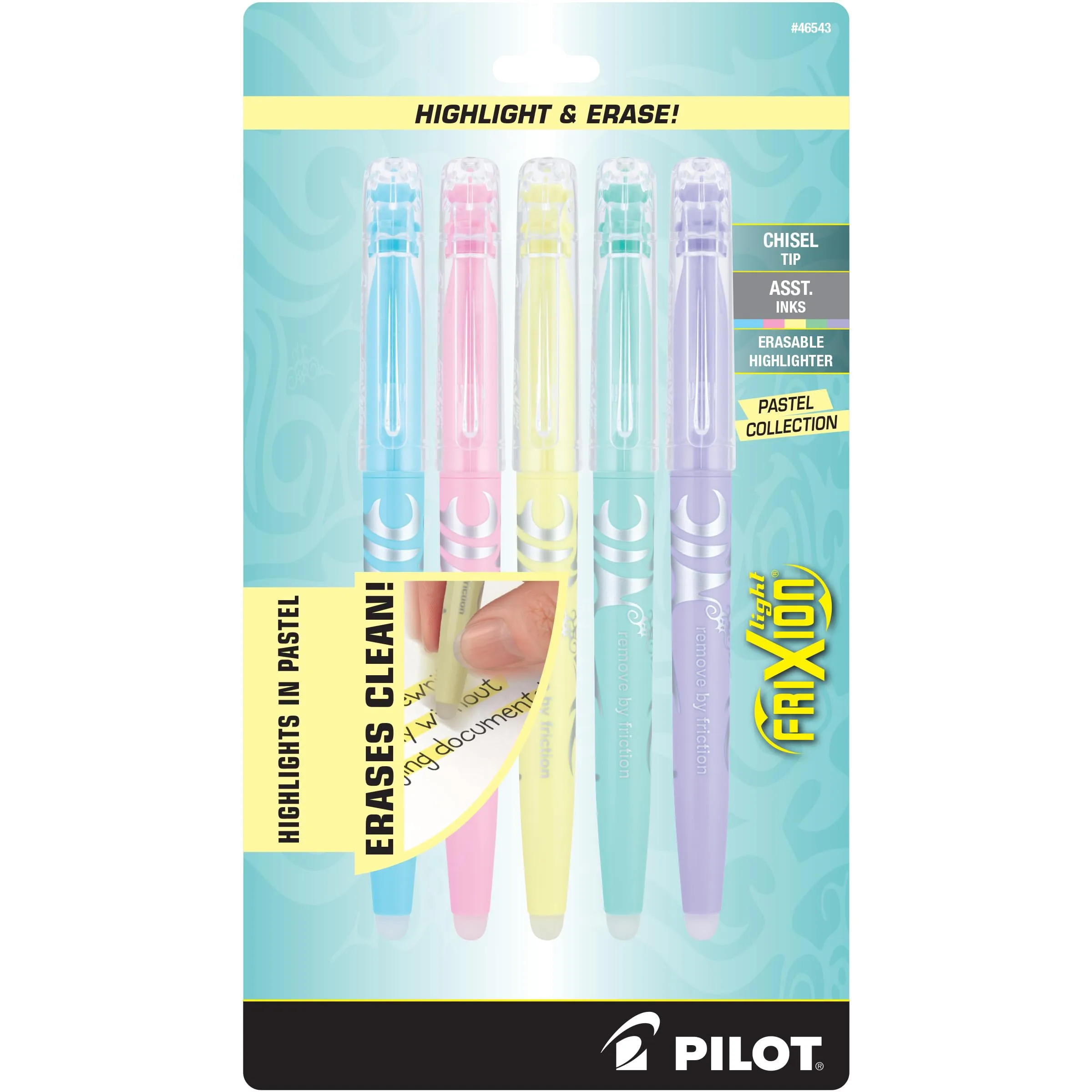 Pilot FriXion Light Pastel Erasable Highlighters, Pack of 5, Chisel Tip, Assorted Colors, 46543
