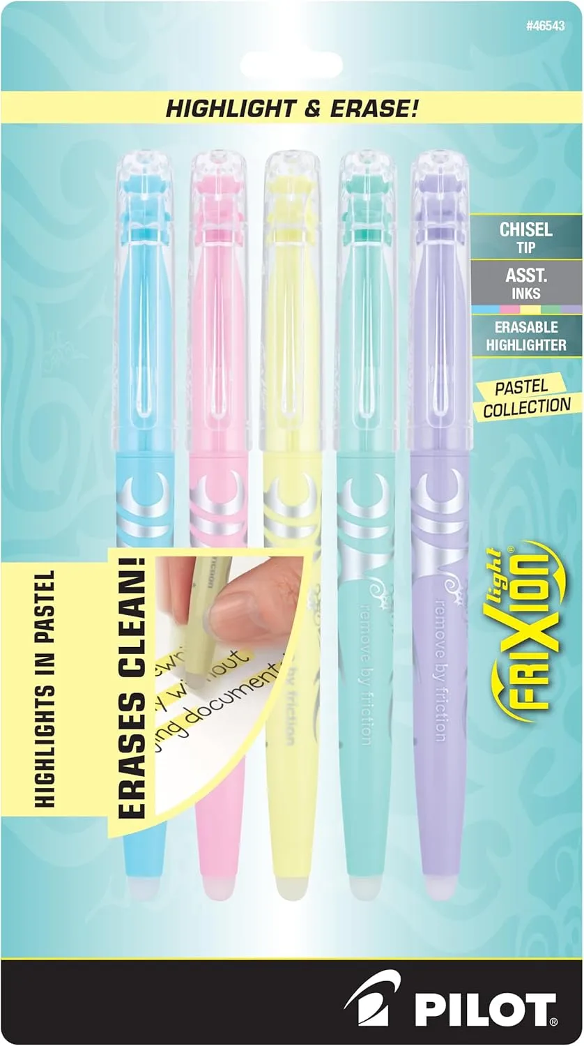 Pilot FriXion Light Pastel Erasable Highlighters, Pack of 5, Chisel Tip, Assorted Colors, 46543