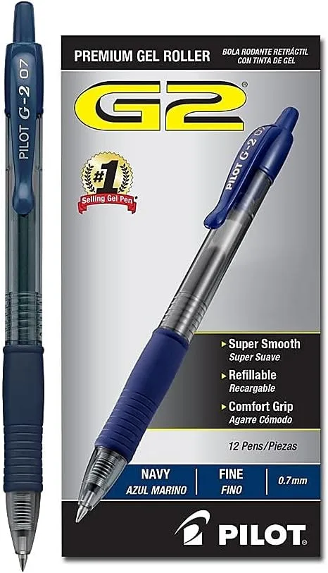 Pilot G2 Premium Gel Roller Pens, Fine Point 0.7 mm, Navy Ink, Pack of 12