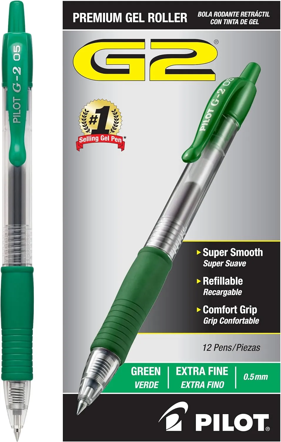 PILOT G2 Premium Gel Roller Pens, Extra Fine 0.5 mm, Pack of 12