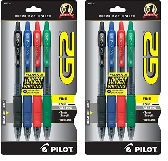 Pilot G2 Retractable Gel Pens, Fine Point, 0.7 mm, Assorted Ink Colors, Pack of 4