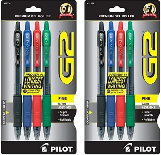Pilot G2 Retractable Gel Pens, Fine Point, 0.7 mm, Assorted Ink Colors, Pack of 4