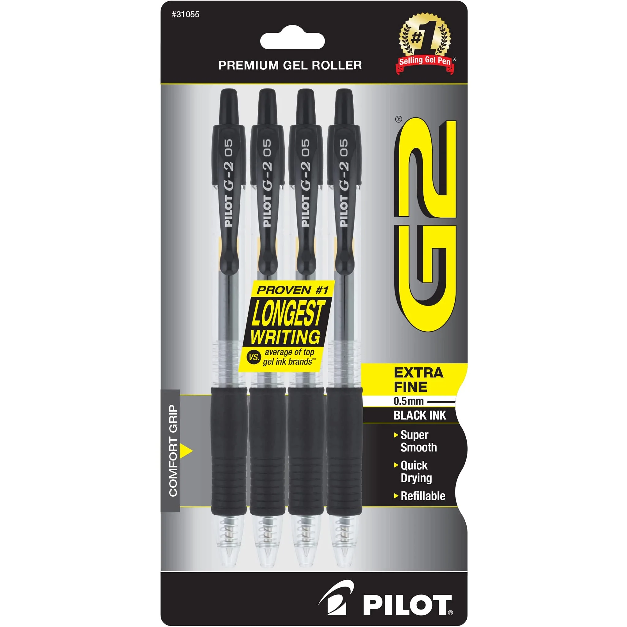 Pilot G2 Premium Gel Pens, Extra-Fine 0.5 mm, Black, 4 Pack