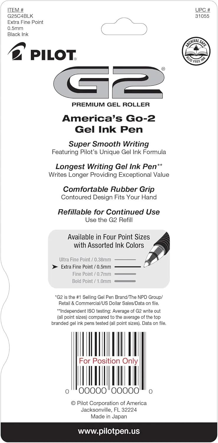 Pilot G2 Premium Gel Pens, Extra-Fine 0.5 mm, Black, 4 Pack