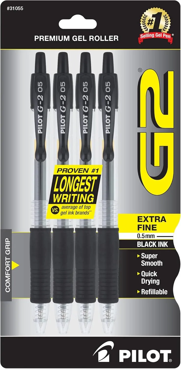 Pilot G2 Premium Gel Pens, Extra-Fine 0.5 mm, Black, 4 Pack