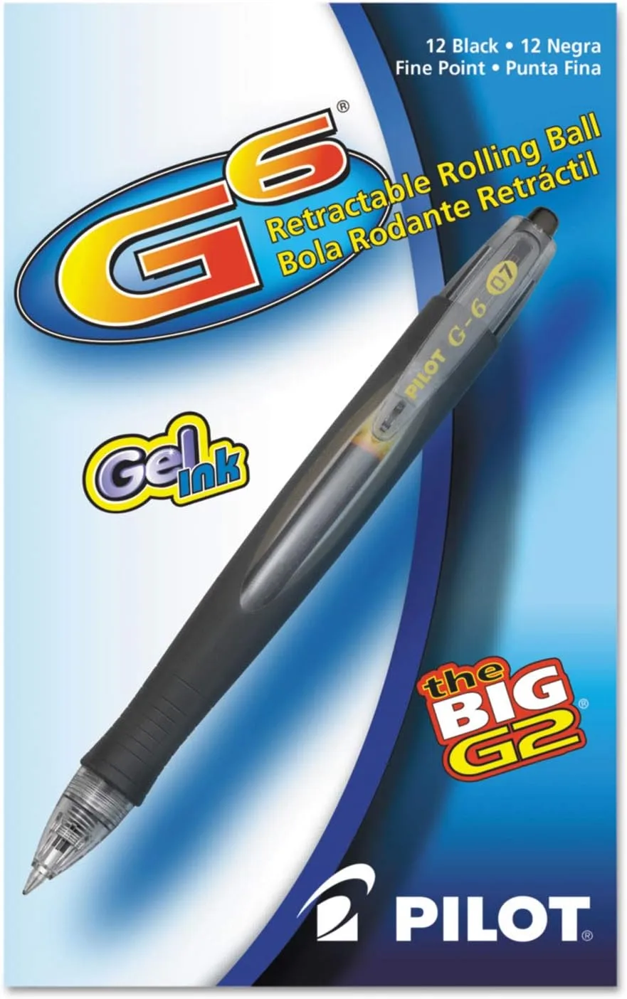 Pilot G6 Premium Gel Roller Pens, 0.7mm Fine, Black, Pack of 12