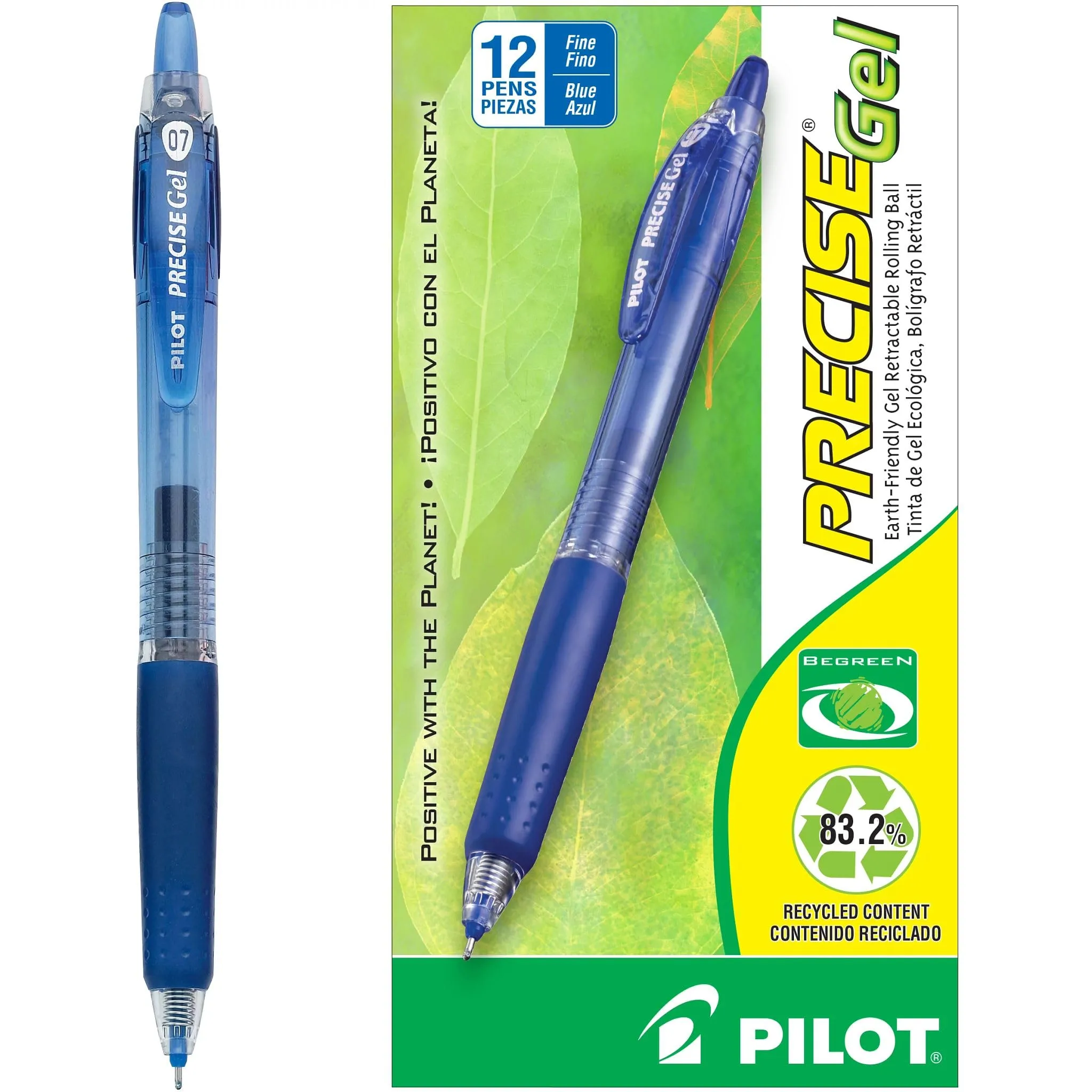 Pilot, Precise BeGreen, Refillable & Retractable Gel Roller Pens, Fine Point 0.7 mm, Blue, Pack of 12