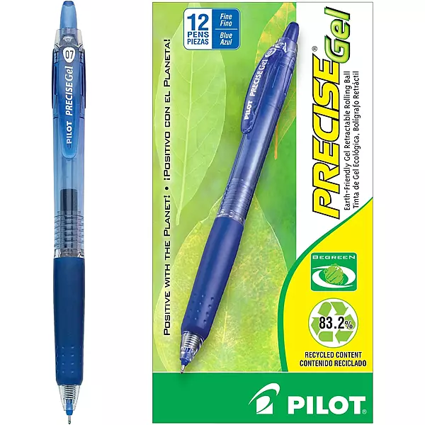 Pilot, Precise BeGreen, Refillable & Retractable Gel Roller Pens, Fine Point 0.7 mm, Blue, Pack of 12