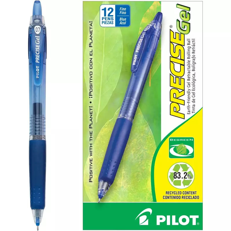 Pilot, Precise BeGreen, Refillable & Retractable Gel Roller Pens, Fine Point 0.7 mm, Blue, Pack of 12