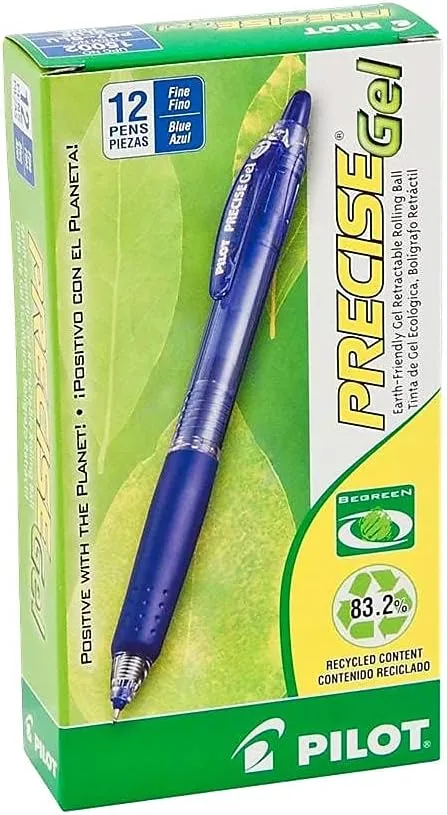 Pilot, Precise BeGreen, Refillable & Retractable Gel Roller Pens, Fine Point 0.7 mm, Blue, Pack of 12