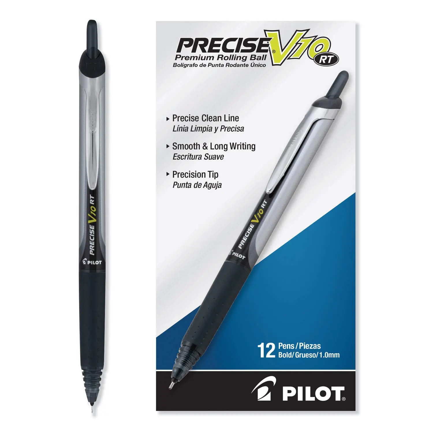 Pilot Precise V10 RT Retractable Rolling Ball Pens, 1.0 mm Bold, Black Ink, Pack of 12