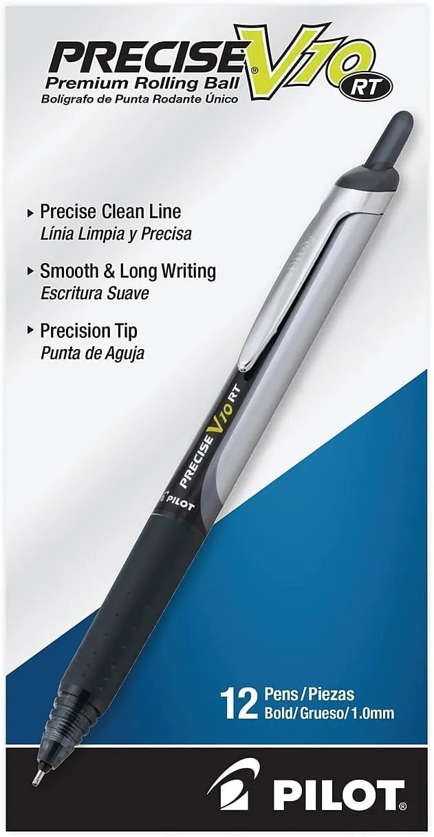 Pilot Precise V10 RT Retractable Rolling Ball Pens, 1.0 mm Bold, Black Ink, Pack of 12