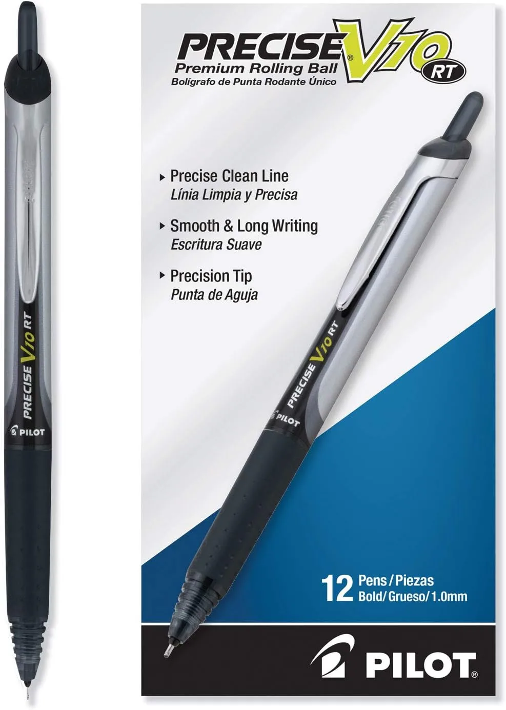 Pilot Precise V10 RT Retractable Rolling Ball Pens, 1.0 mm Bold, Black Ink, Pack of 12