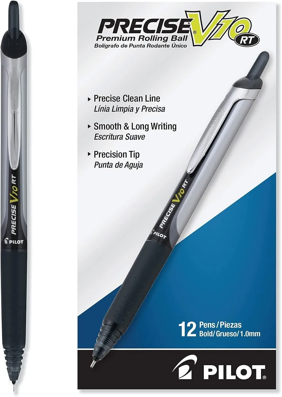 Pilot Precise V10 RT Retractable Rolling Ball Pens, 1.0 mm Bold, Black Ink, Pack of 12