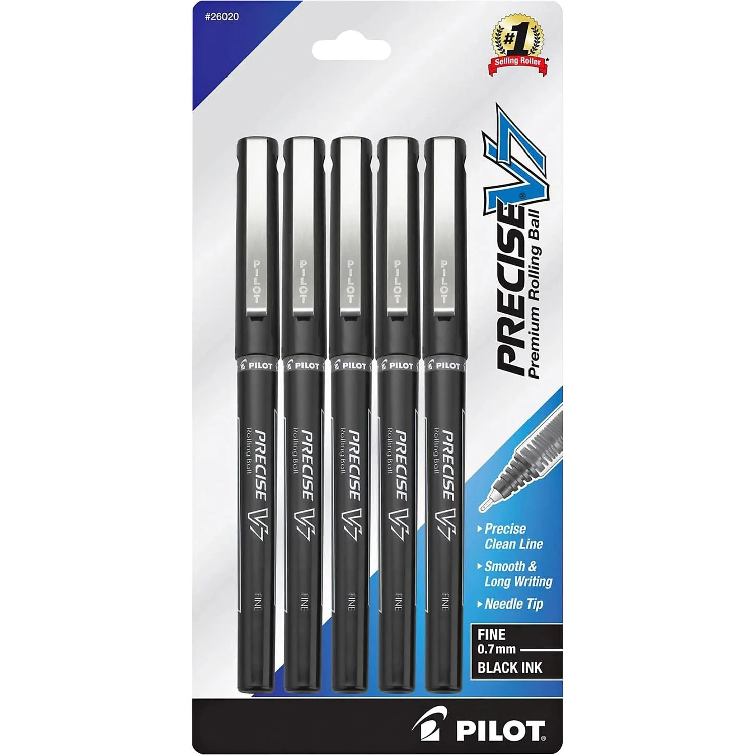 Pilot Precise V7 Capped Liquid Ink Rollerball Pens, 0.7 mm Fine, Black, Pack of 5