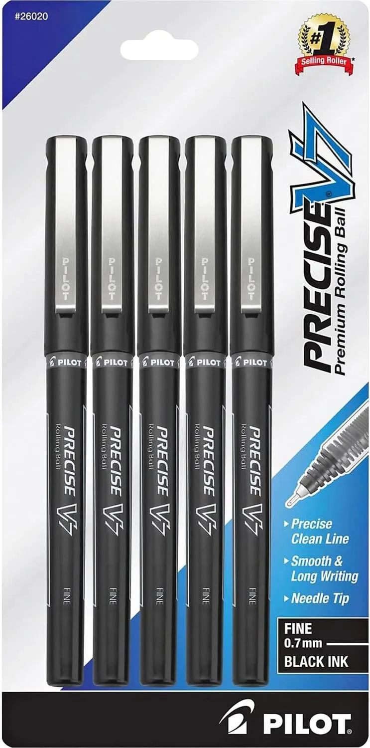 Pilot Precise V7 Capped Liquid Ink Rollerball Pens, 0.7 mm Fine, Black, Pack of 5