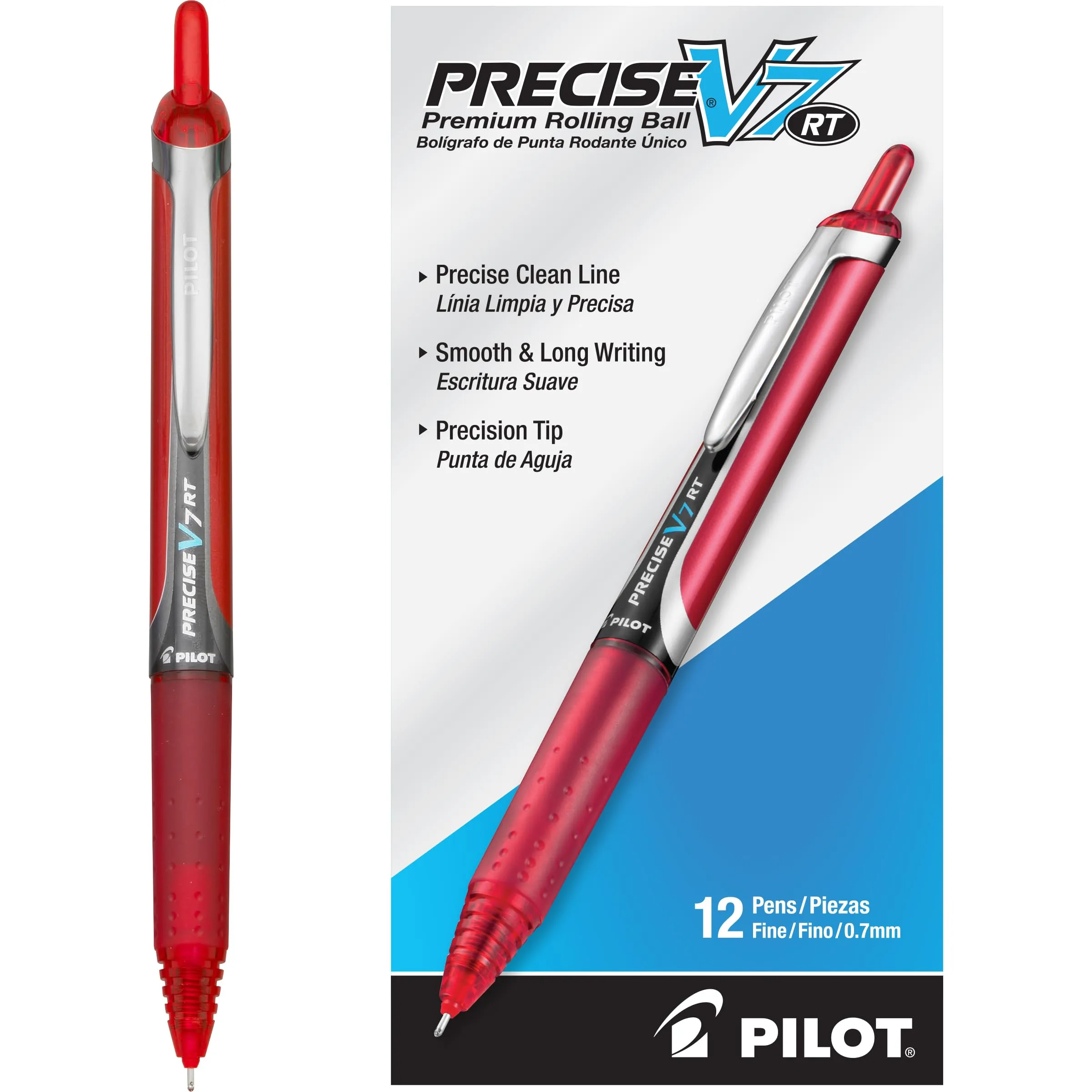 Pilot Precise V7 RT Refillable & Retractable Liquid Ink Rollerball Pens, Red Ink Pens, Fine Point (0.7 mm), 12-Pack - Ideal for School, Journaling, and Office Writing