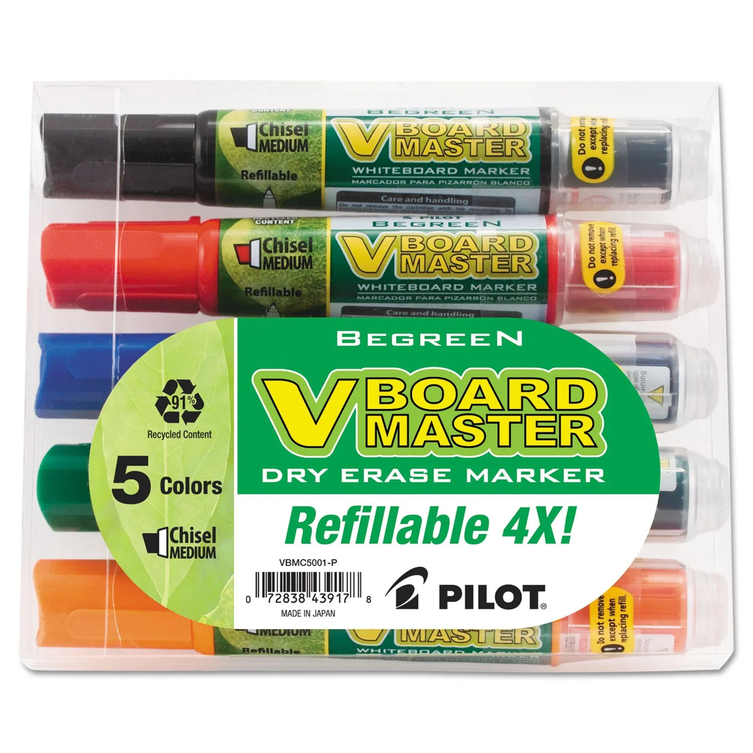 Pilot® V-Board Master BeGreen 91% Recycled Dry-Erase Markers, Chisel Point, Assorted, Pack Of 5