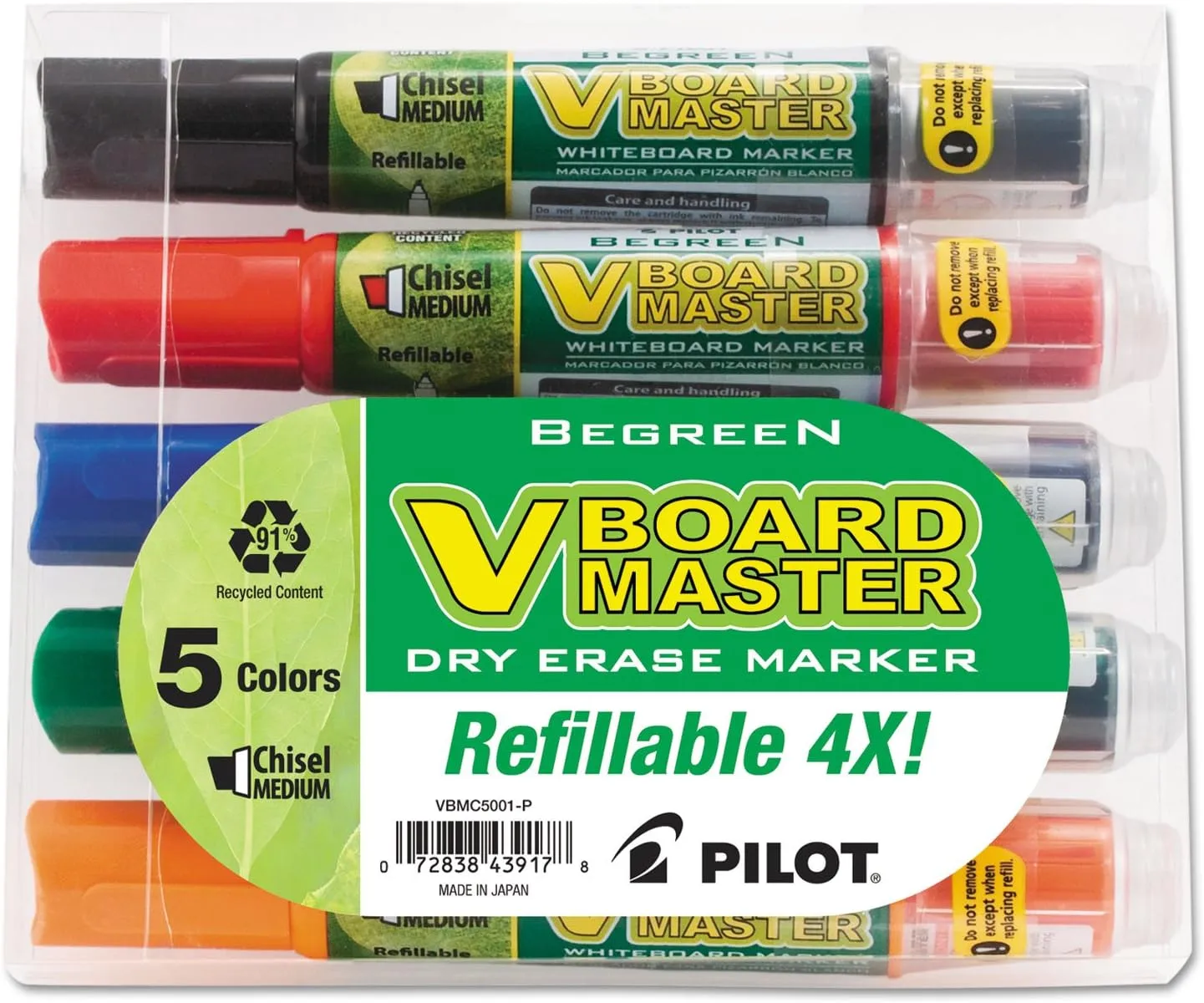 Pilot® V-Board Master BeGreen 91% Recycled Dry-Erase Markers, Chisel Point, Assorted, Pack Of 5