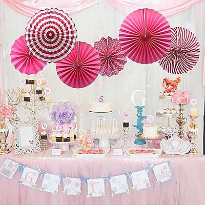 Pink Paper Fans for Decoration - Set of 6 Pcs