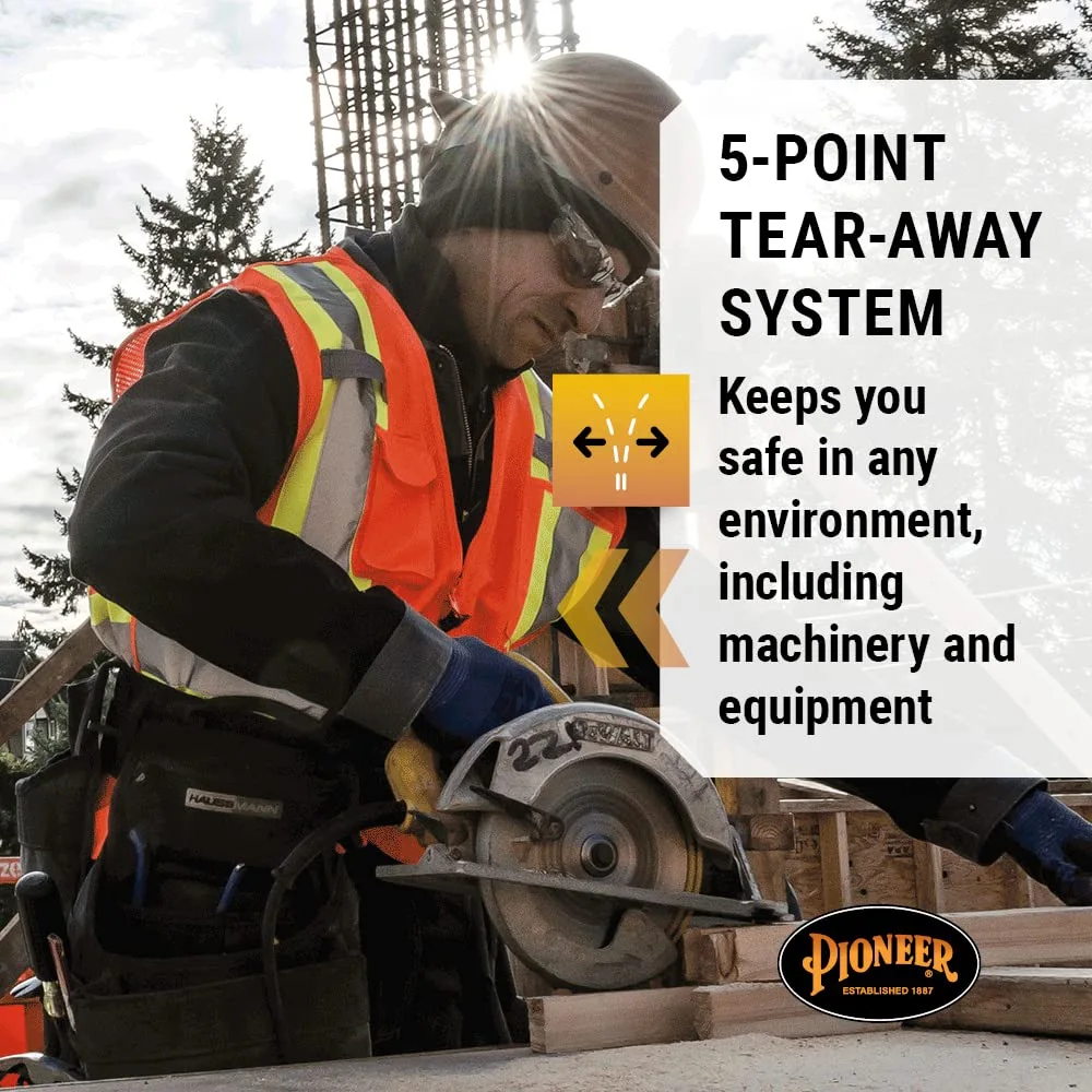 Pioneer Hi Vis Tear-Away Mesh Back Safety Vest - Reflective Tape, 4 Pockets