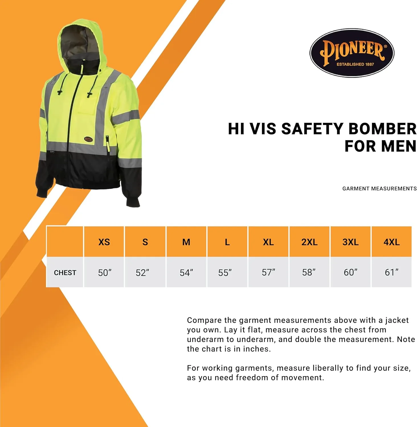 PIONEER Hi Vis Safety Bomber for Men - Waterproof Reflective ANSI Class 3 Winter Jacket