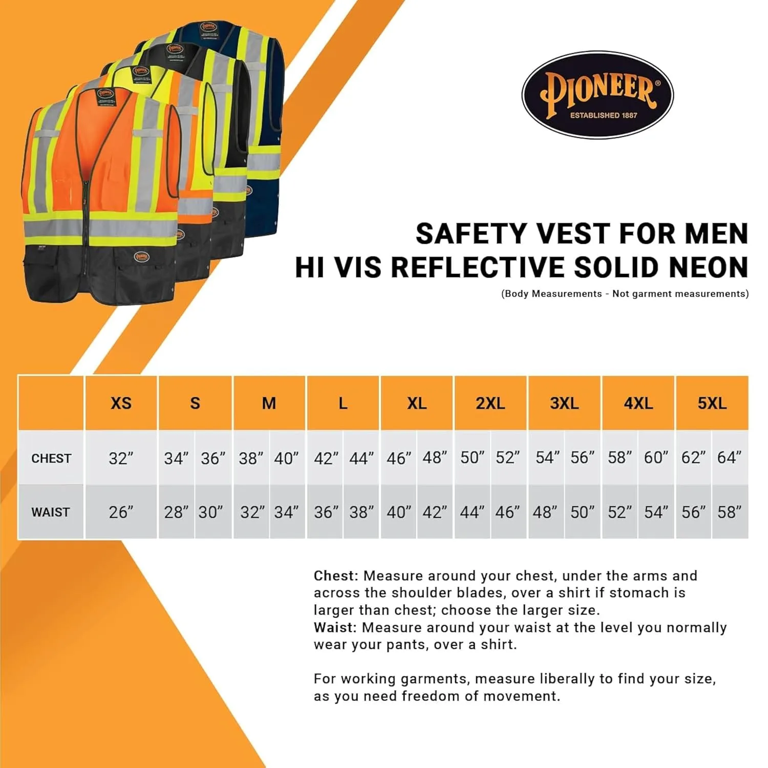 Pioneer Hi-Vis Reflective Safety Vest, Solid Neon, 8 Pockets, Zipper, Adjustable