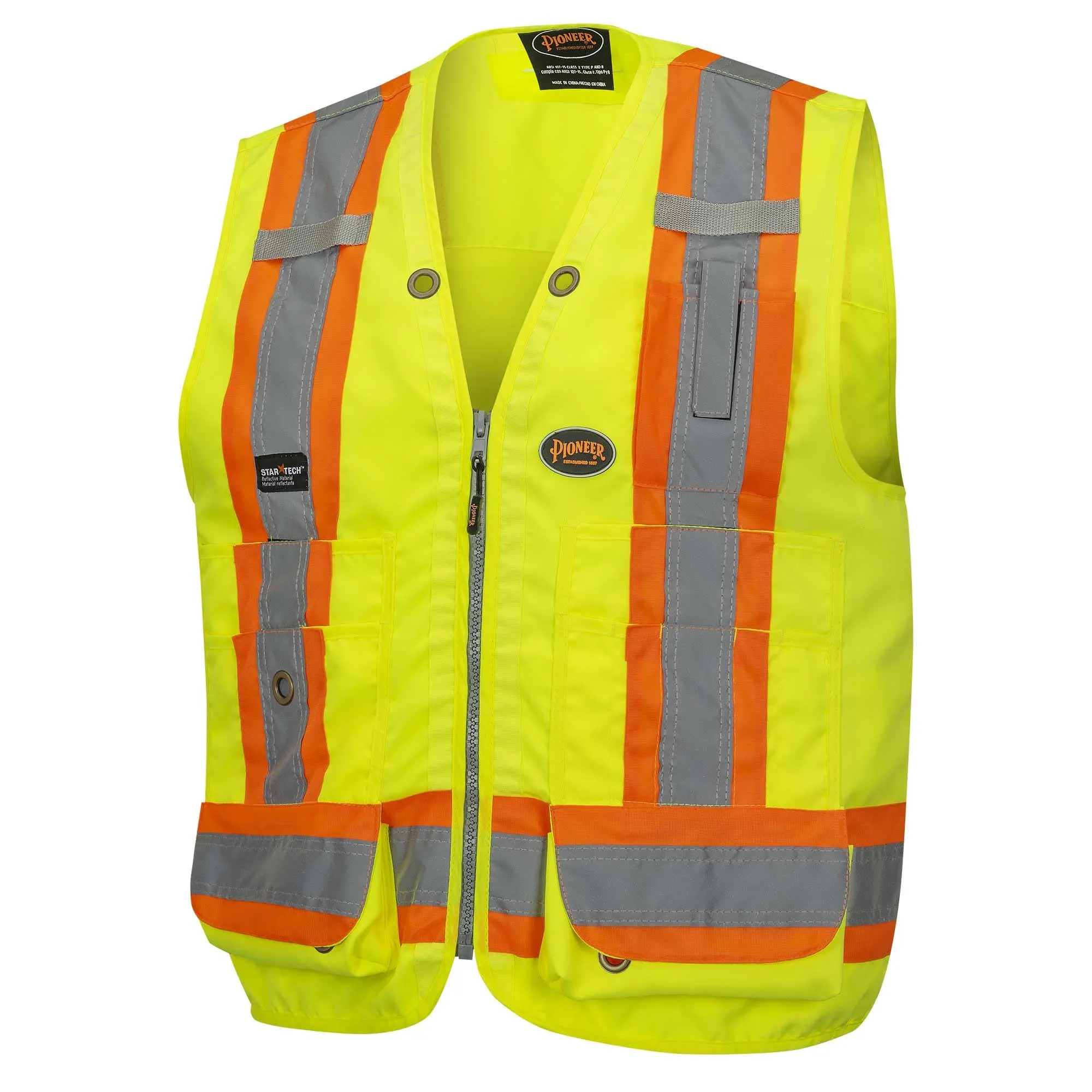 PIONEER Surveyor Safety Vest – Hi-Vis Reflective Woven 150D, 19 Pockets, Zipper