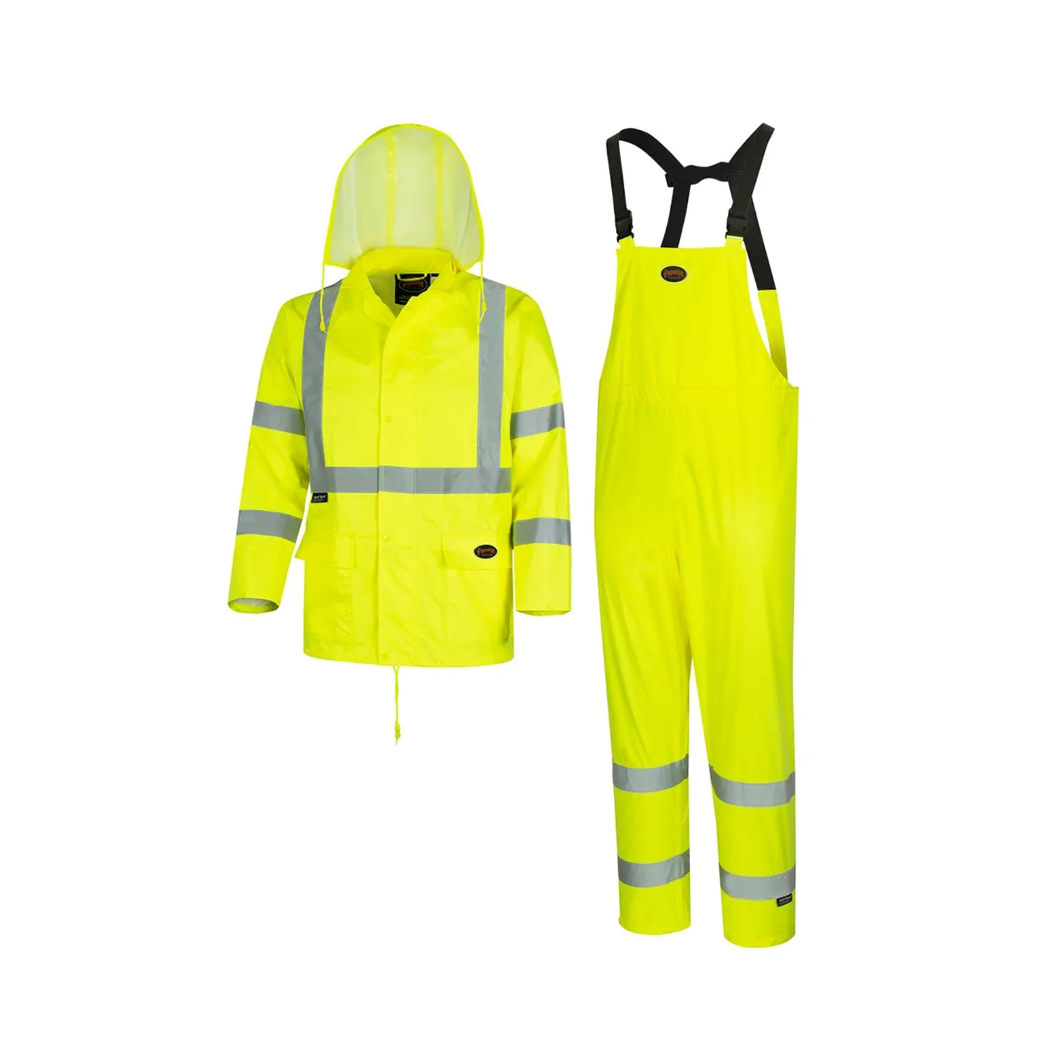 Pioneer High Visibility Rain Gear Safety Jacket and Bib Pants – Hi Vis Waterproof Reflective PVC Work Suit for Men