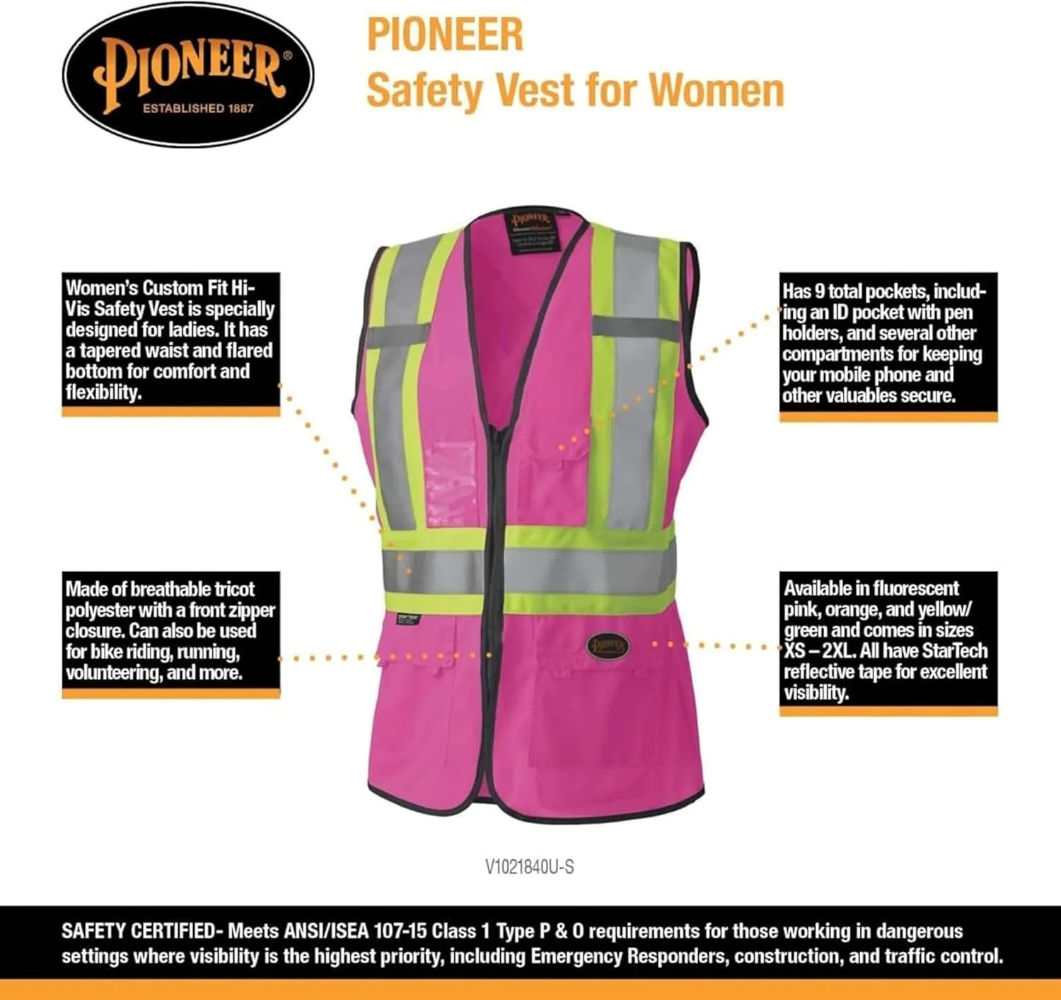 Pioneer Safety Vest for Women With Pockets - Hi-Vis Reflective Tape