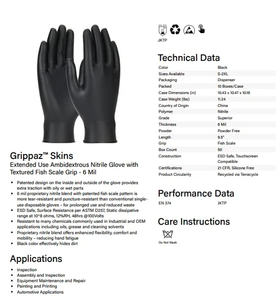 PIP Grippaz Skins 6 Mil Nitrile Disposable Gloves 9.5"