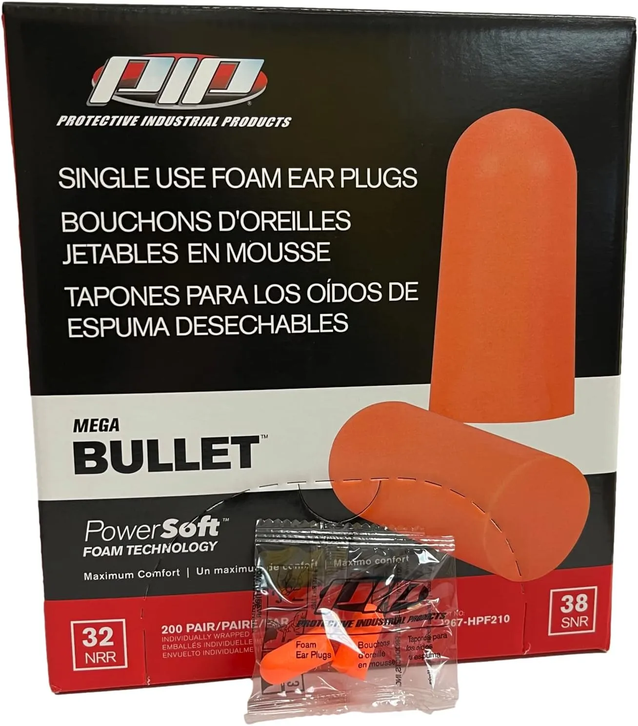 PIP Mega Bullet Disposable Soft Polyurethane Foam Ear Plugs, Uncorded - NRR 32 - 200 Pair/Box