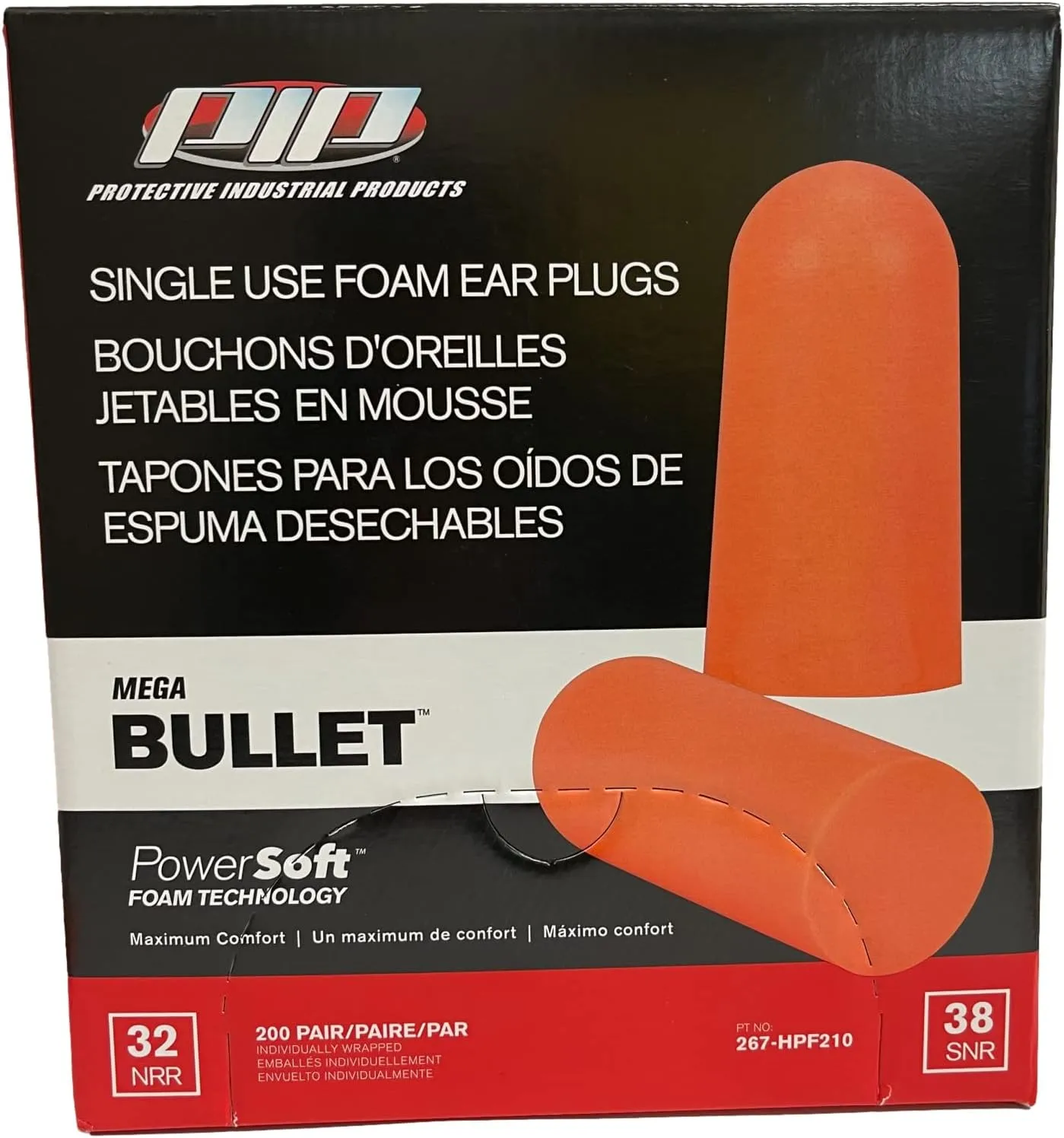 PIP Mega Bullet Disposable Soft Polyurethane Foam Ear Plugs, Uncorded - NRR 32 - 200 Pair/Box