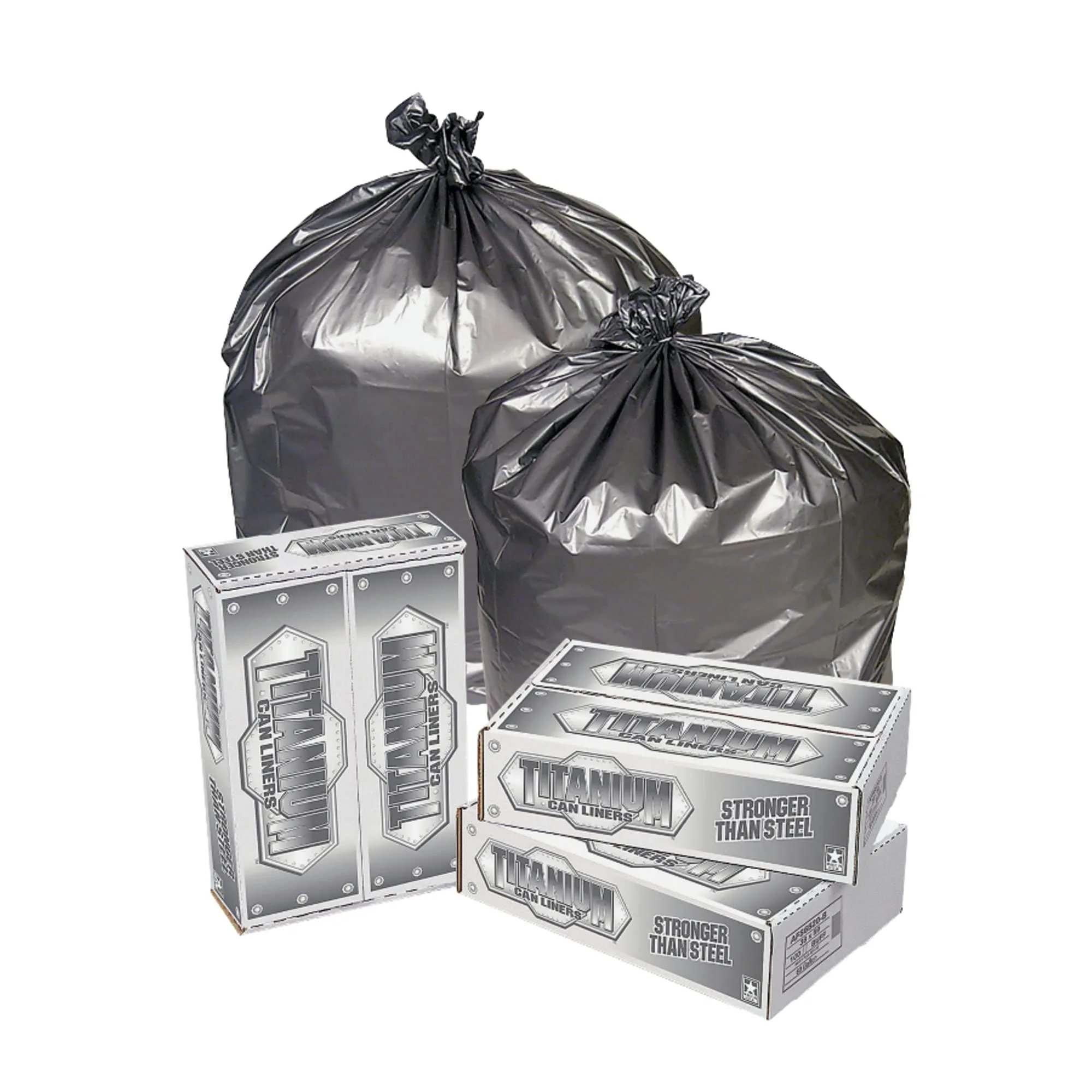 1.5-mil Titanium Can Liners, 33 Gallons, 33" x 40", Silver, Pack Of 100
