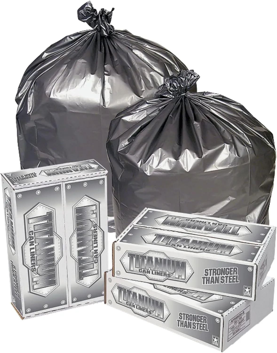 1.5-mil Titanium Can Liners, 33 Gallons, 33" x 40", Silver, Pack Of 100