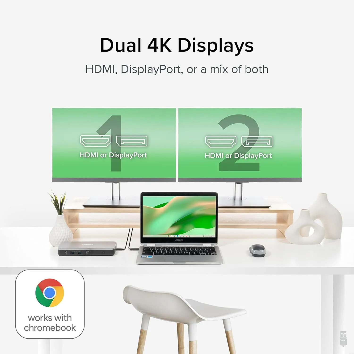 Plugable 12-in-1 Dual 4K USB C Docking Station, Works With Chromebook Certified, Driverless 60W Charging Dock