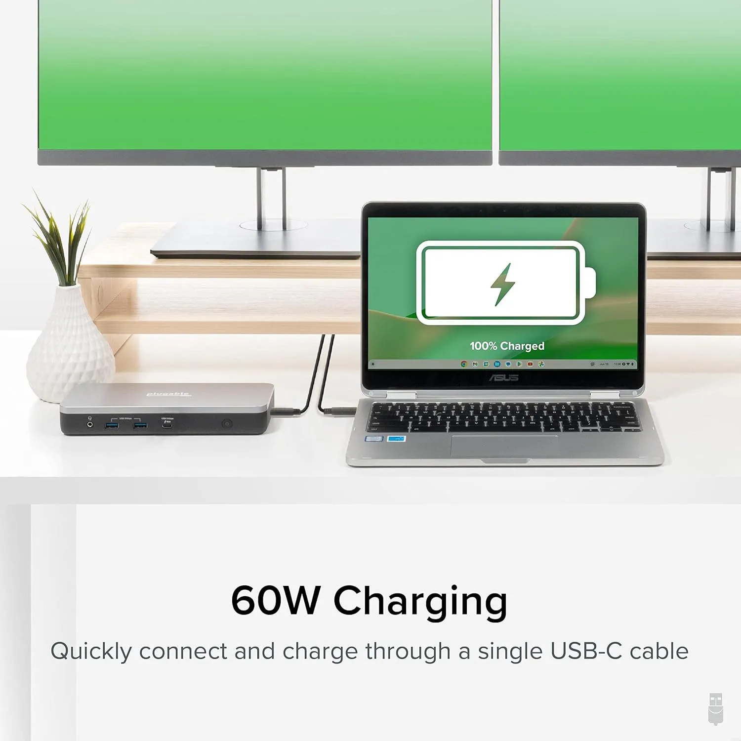 Plugable 12-in-1 Dual 4K USB C Docking Station, Works With Chromebook Certified, Driverless 60W Charging Dock